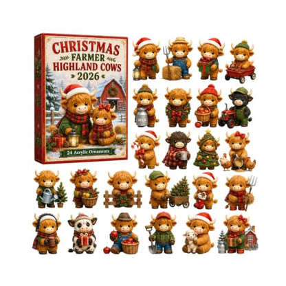 Christmas Highland Cow Advent Calendar 24 Acrylic Ornaments - Red2 Variation