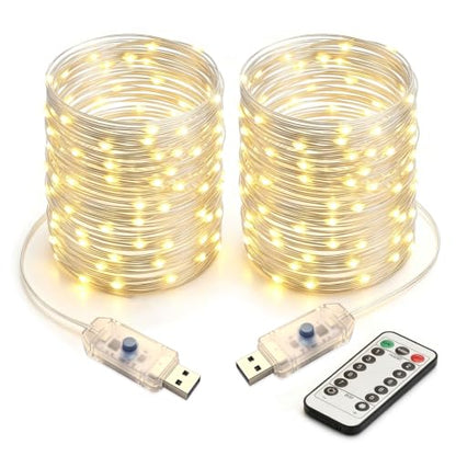 33FT USB Fairy String Lights 100 LED Warm White with Timer Remote - 2 Pack