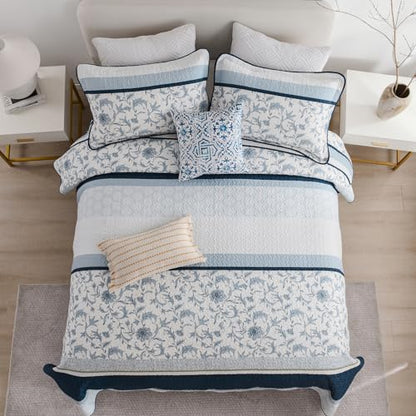 Oversized King Cotton Quilt Set with 2 Pillow Shams, Floral Design, Navy/Light Blue/White