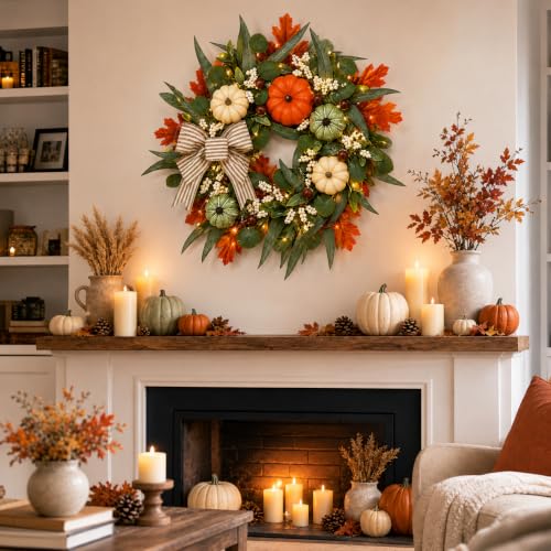Lighted Fall Wreath with Pumpkins, Autumn Decor for Front Door 24 Inches