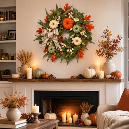 Lighted Fall Wreath with Pumpkins, Autumn Decor for Front Door 24 Inches