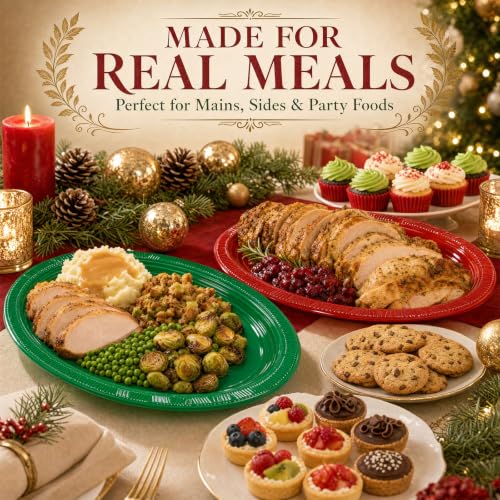 WELLIFE Red & Green Oval Plastic Plates 100 Pack - 12 Inch Disposable Christmas Dinnerware