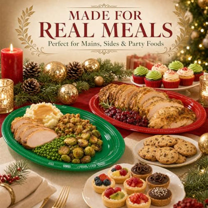 WELLIFE Red & Green Oval Plastic Plates 100 Pack - 12 Inch Disposable Christmas Dinnerware