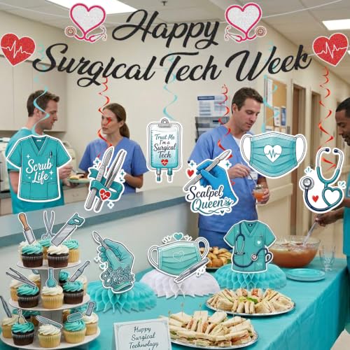 Surgical Tech Appreciation Decorations Set with Banner, Swirls & Honeycomb Centerpieces