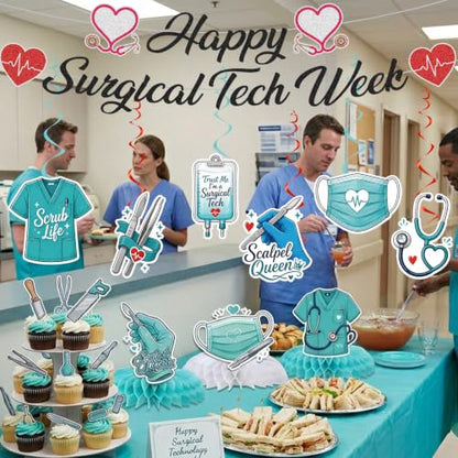 Surgical Tech Appreciation Decorations Set with Banner, Swirls & Honeycomb Centerpieces