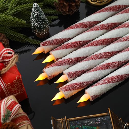 Christmas Flickering Flameless Candy Cane Taper Candles - 6PCS Red & White Stripes, Real Wax, Battery Operated - Variation: Candy Cane-02