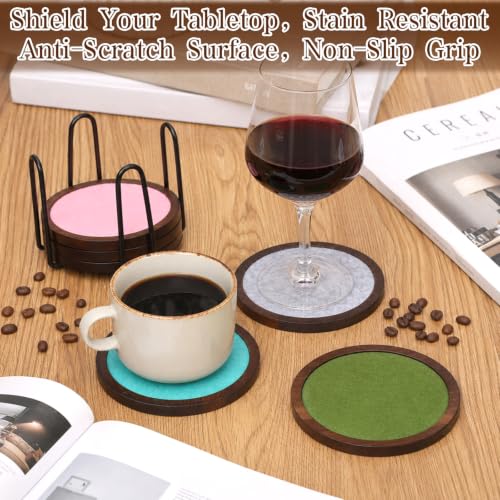 Mid Century Modern Wooden Coaster Set with Colorful Felt Inserts - 6 Pieces