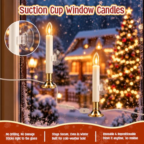 8 Pack Christmas Electric Window Candle Lights with Gold Base and Clear Bulbs