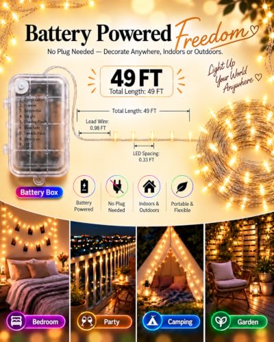 Battery Operated Fairy Lights 2 Pack 98FT Warm White LED String Lights
