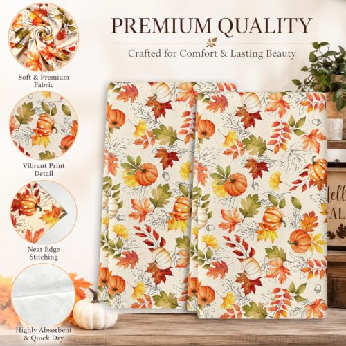 Autumn Hand Towels Set of 2 - Pumpkin and Maple Leaf Rustic Design, Orange Yellow