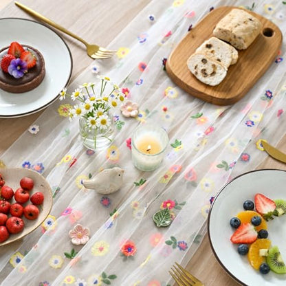 6PCS Embroidery Daisy Gauze Table Runner 28 x 120 Inches Ivory - Set of 6