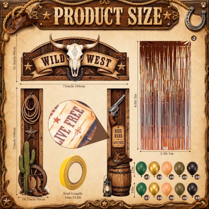 Western Cowboy Party Decorations Kit - 115 Pcs Wild West Backdrop & Balloon Arch - Variation of Western Cowboy
