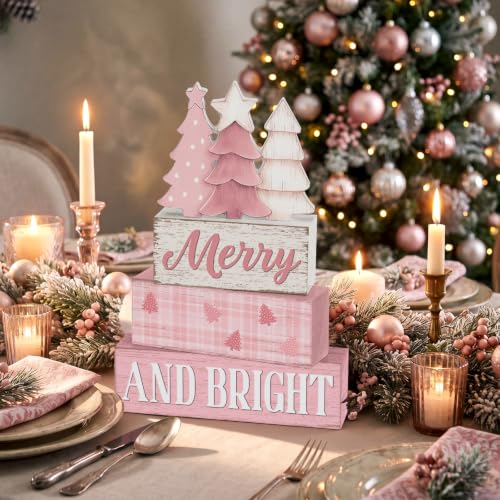 Pink Christmas Wooden Sign Set - Festive Holiday Table Decor, 4 Pieces