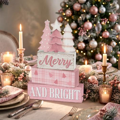Pink Christmas Wooden Sign Set - Festive Holiday Table Decor, 4 Pieces