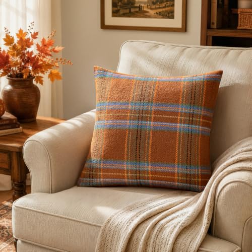 MIULEE Fall Plaid Decorative Pillow Covers Set of 2 18x18 Inches - Orange & Green
