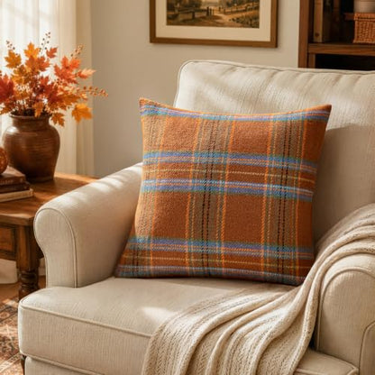 MIULEE Fall Plaid Decorative Pillow Covers Set of 2 18x18 Inches - Orange & Green