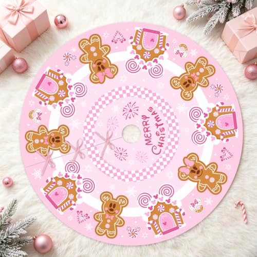 Pink Gingerbread Christmas Tree Skirt 48 Inch Holiday Decor for 6-7.5FT Tree