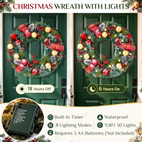 20-Inch Christmas Wreath with Lights Red & Green Reindeer Berries Cones Pine Needles - Front Door Decor