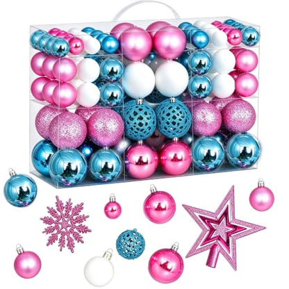 Christmas Balls Tree Ornaments Set - Pastel Pink Blue White 102 Pcs Holiday Decorations