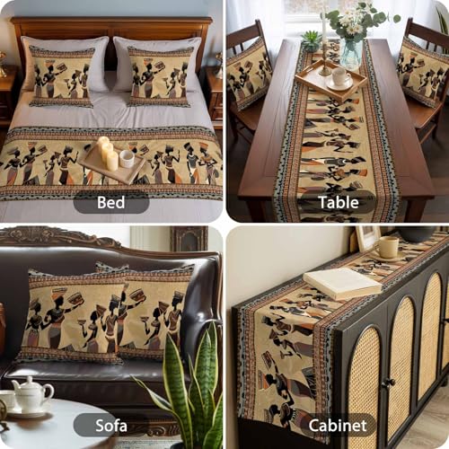King Size Bed Runner Set 94x20in with 2 Pillow Covers - Black Ethnic Boho Decor