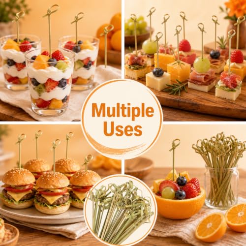 1200 Pcs Bamboo Cocktail Picks with Green Looped Knot - Food Skewers for Parties