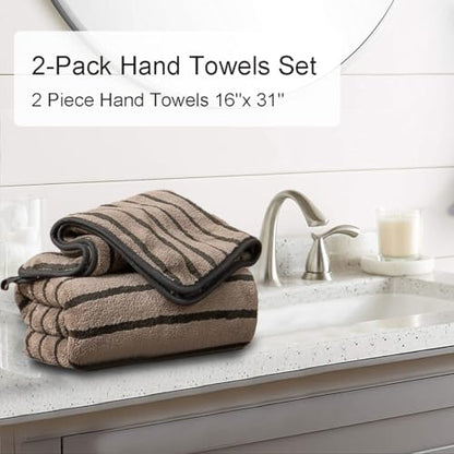 Brown 2 Piece Cabana Stripe Hand Towels Set 16x31 Ultra Soft & Absorbent