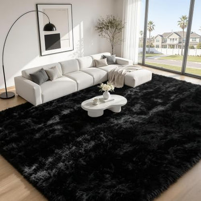 8x10 Black Fluffy Shag Area Rug - Washable, Non-Slip Bedroom Living Room