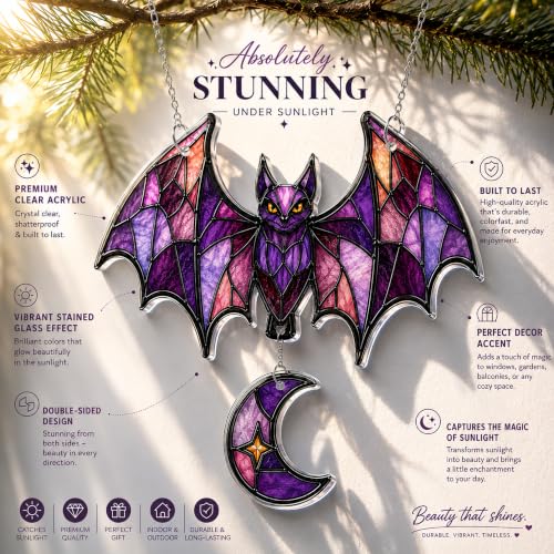 Gothic Bat Suncatcher Halloween Window Decor - Crescent Moon, Purple Stained Glass Style - Bat Lover Gift - Variation of Bat 2