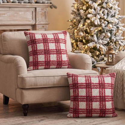 Christmas Throw Pillow Covers 24x24 Inch Set of 2 Buffalo Plaid Decorative Pillowcases - White Red, Farmhouse Rustic Holiday Decor