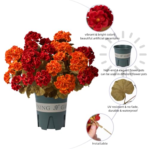 Artificial Geranium Flowers for Outdoors 12-Pack Fall Garden Decor with Red & Orange Variations
