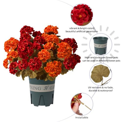 Artificial Geranium Flowers for Outdoors 12-Pack Fall Garden Decor with Red & Orange Variations