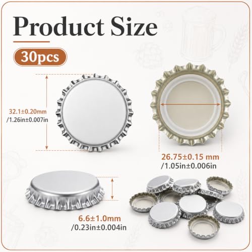 30-Pack Silver Metal Bottle Caps for Home Brewing & Craft Beverages