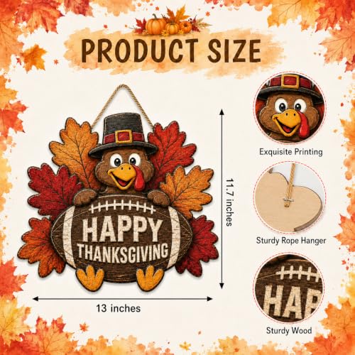 Thanksgiving Door Sign - Wooden Fall Decor with Turkey and Football Motif