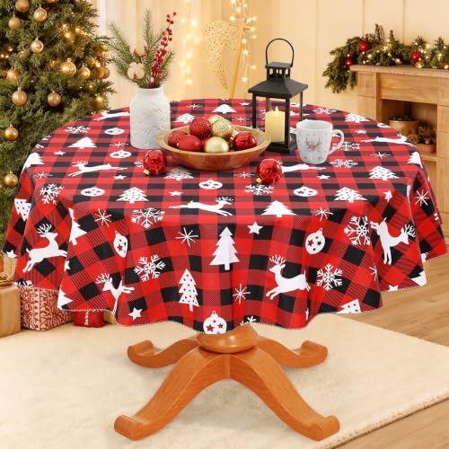 Christmas Table Cloth - Red & Black Round Flannel Backed Vinyl 60 Inch