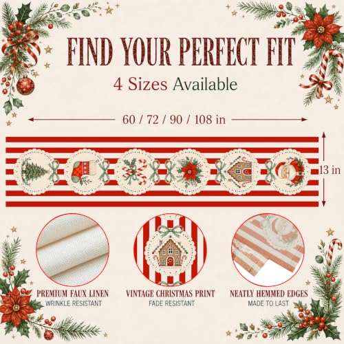 Christmas Table Runner Santa Gingerbread 13x72 Inch - Red Stripe Variation