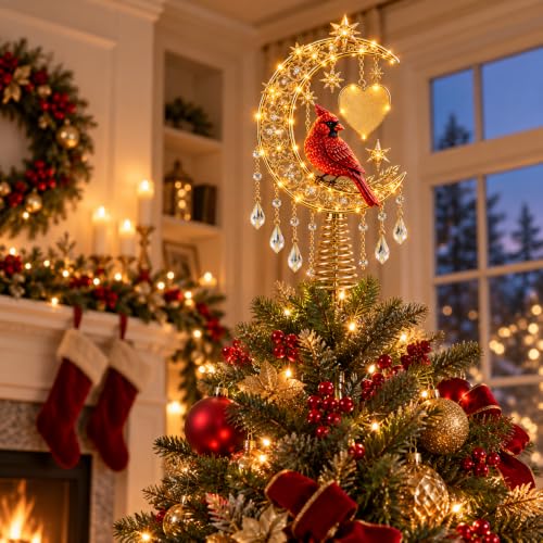Lighted Angel Christmas Tree Topper - Cardinal Design with Warm Glow & Snowflakes