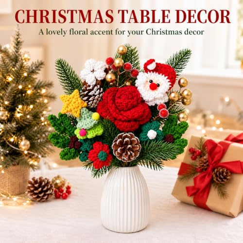 Christmas Crochet Flower Bouquet with Santa Decoration - Handmade Holiday Decor