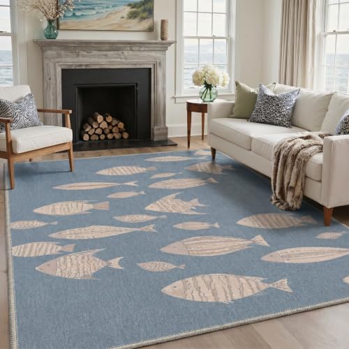 Blue Coastal Fish Runner Rug - Washable Non-Slip Boho Style, 2ft x 5ft, Rectangular