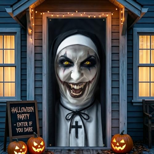 White Black Scary Nun Halloween Door Cover 79x35 in Creepy Nun Face Tapestry - Variation of THIS listing
