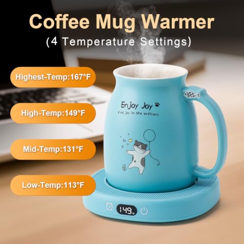 Blue Cat Mug Warmer Set for Desk with Heated Cup and Spoon