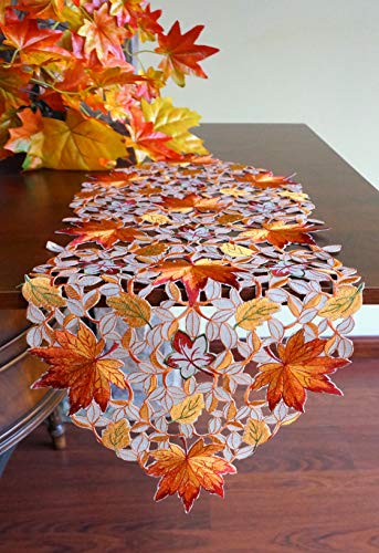 Fall Halloween Table Runner 13x36 Inches with Embroidered Pumpkins and Maple Leaves - Autumn Decor