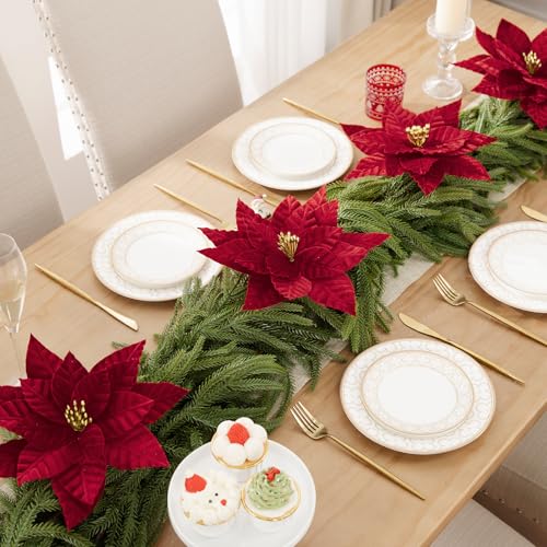 Artificial Velvet Poinsettia Flowers Clip On Christmas Decorations - Red, 9.8 Inch, 10 pcs