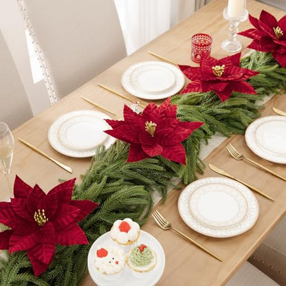 Artificial Velvet Poinsettia Flowers Clip On Christmas Decorations - Red, 9.8 Inch, 10 pcs