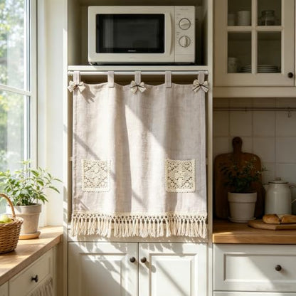 Boho Linen Oven Curtain with Crochet Storage Pocket - Beige, 30x24 Inches