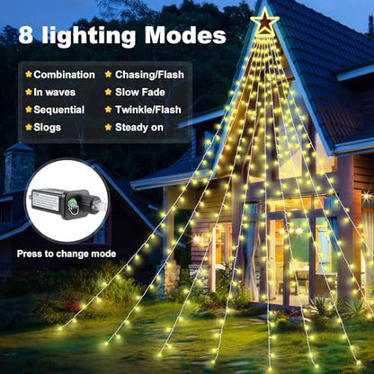 Outdoor Christmas Decorations 11.5ft Warm Waterfall Tree Lights with Star, 8 Modes