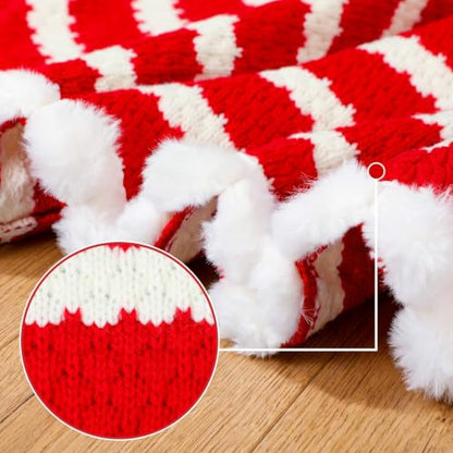 36 Inch Red White Crochet Christmas Tree Skirt with Pom Trim
