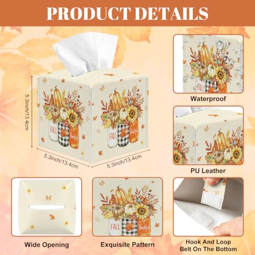 Fall Tissue Box Cover - Autumn Pumpkin & Maple Leaves PU Leather Decor