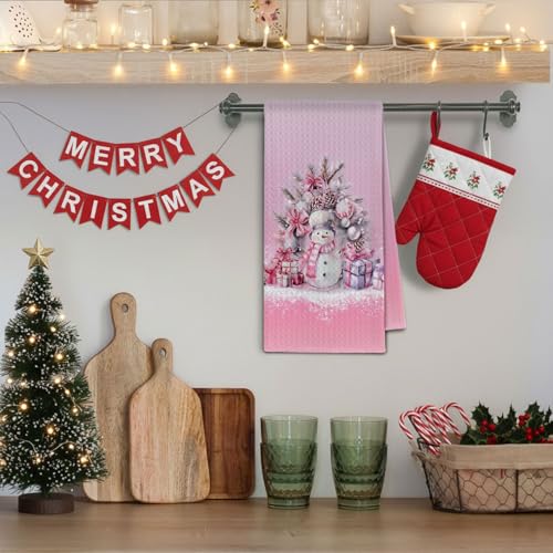 Pink Preppy Coquette Bow Christmas Snowman Kitchen Towels - Holiday Dish Hand Towels 16x24