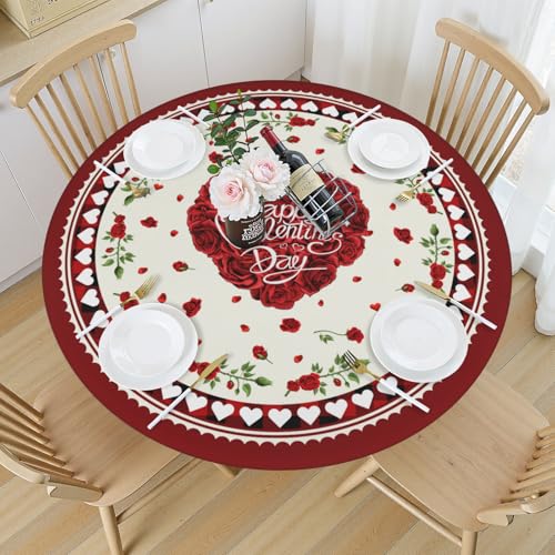 Heart Crimson Round Fitted Tablecloth with Elastic Edge - 44 Inch