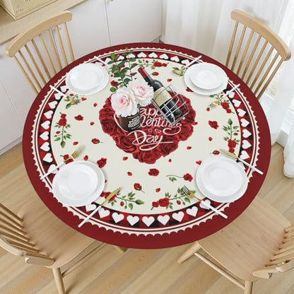 Heart Crimson Round Fitted Tablecloth with Elastic Edge - 44 Inch